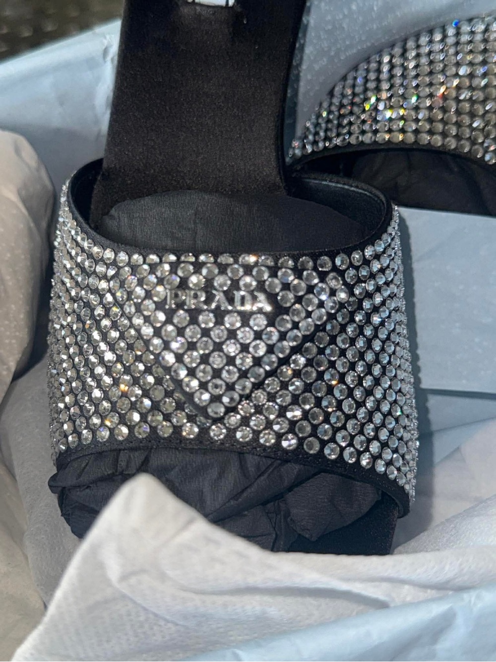 Prada SATIN HEELED SANDALS WITH CRYSTALS - Picture 9 of 15